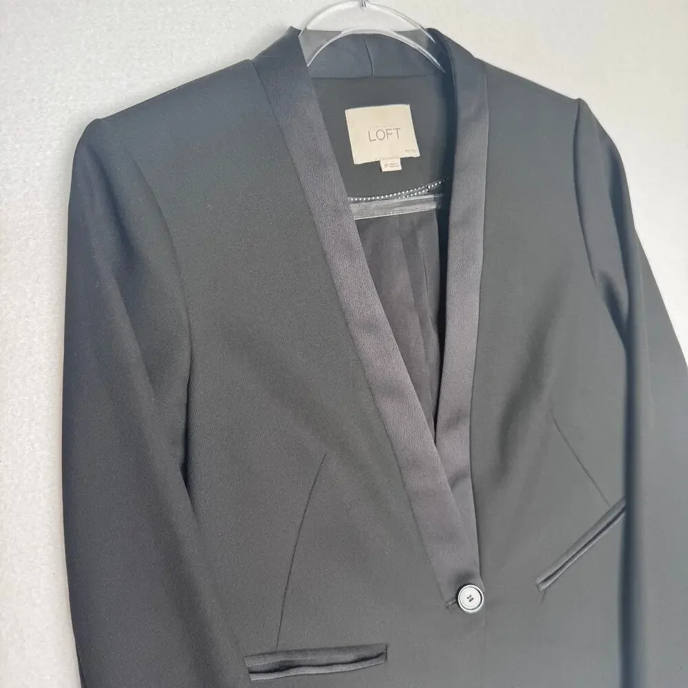 LOFT Black Tuxedo Blazer Jacket Petite 2P Satin Trim Career Formal